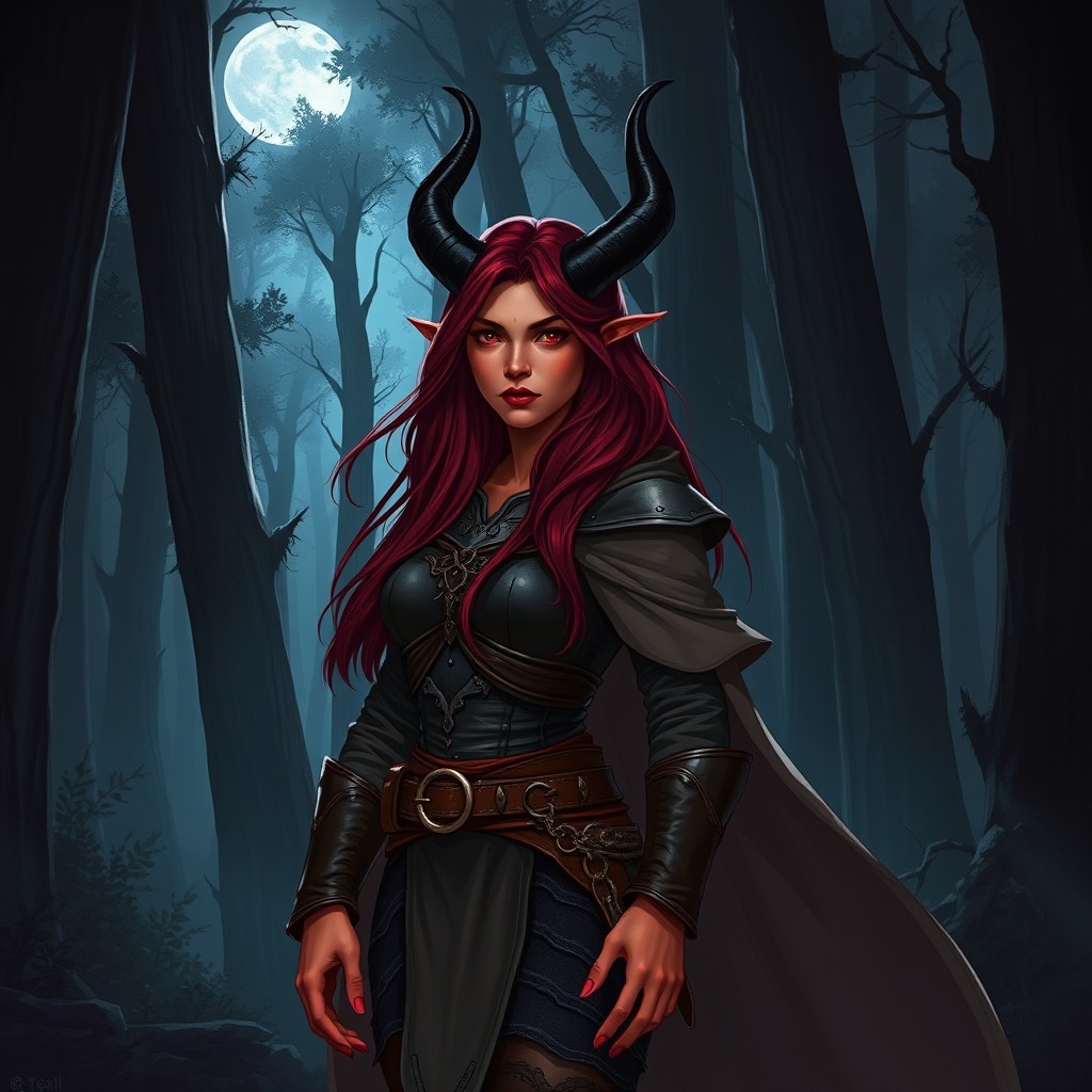 A full body illustration of a female Tiefling in a dark and mystical forest