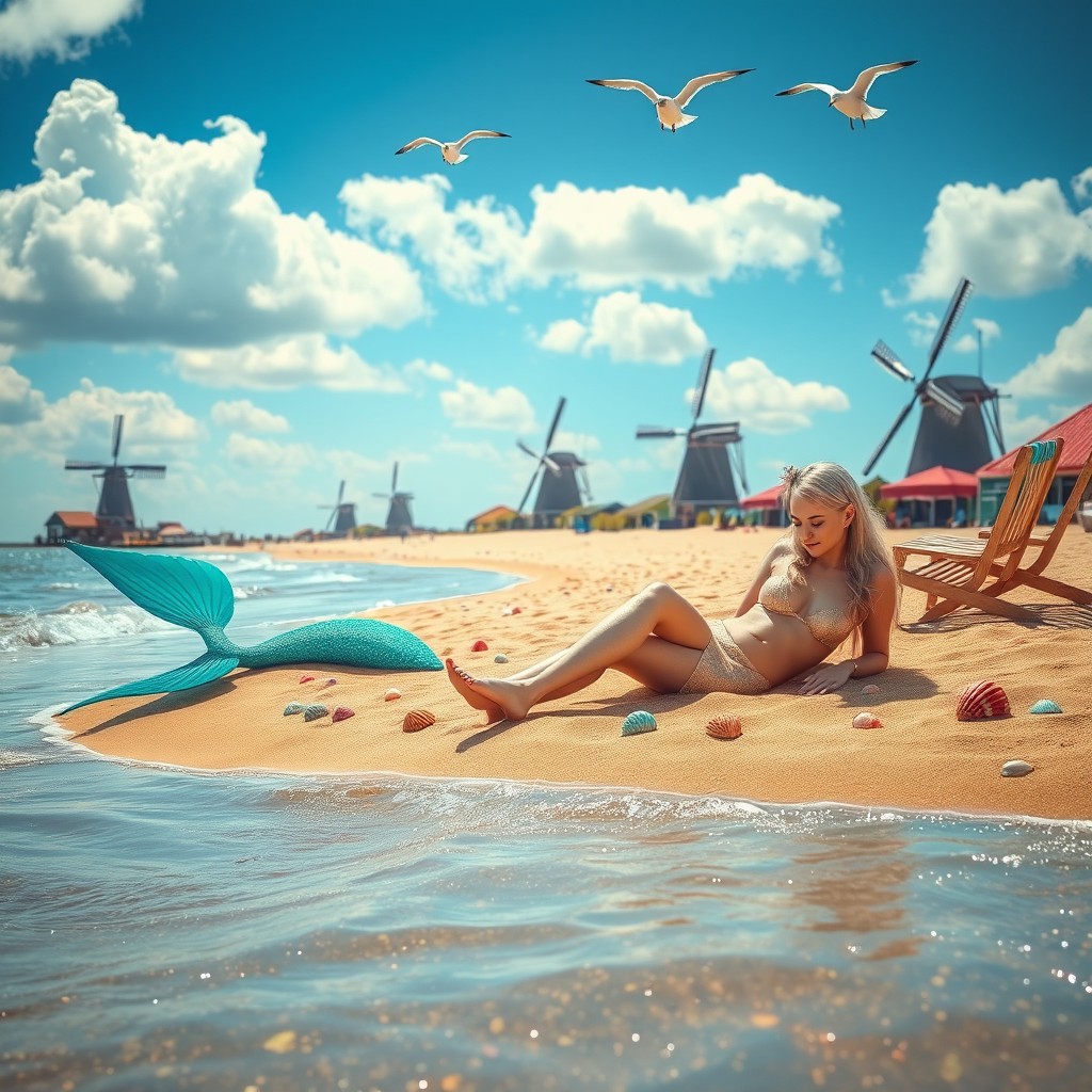 A serene and magical scene featuring beautiful mermaids lounging at a sandy Dutch beach, surrounded by soft waves and colorful seashells