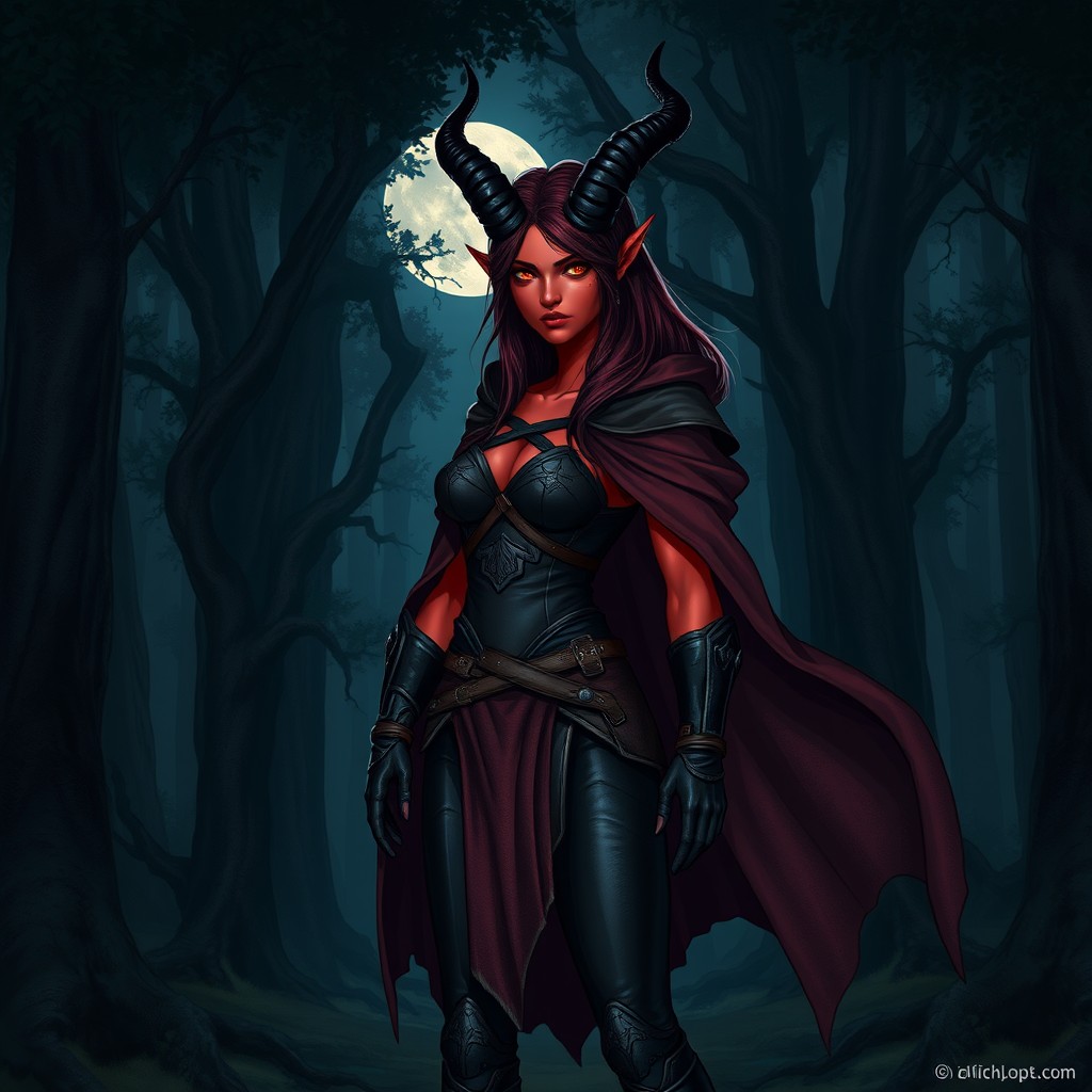 A full body illustration of a female Tiefling standing confidently in a dark, mystical forest
