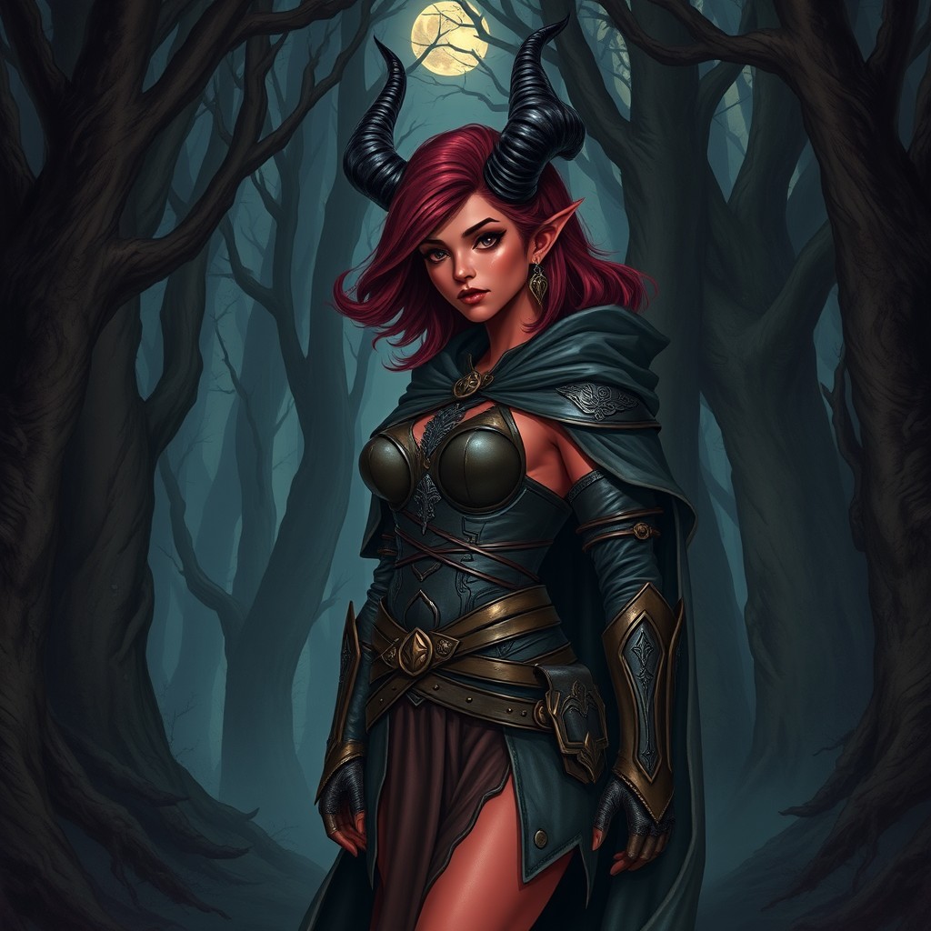 A full body illustration of a female Tiefling set in a dark, enchanting forest