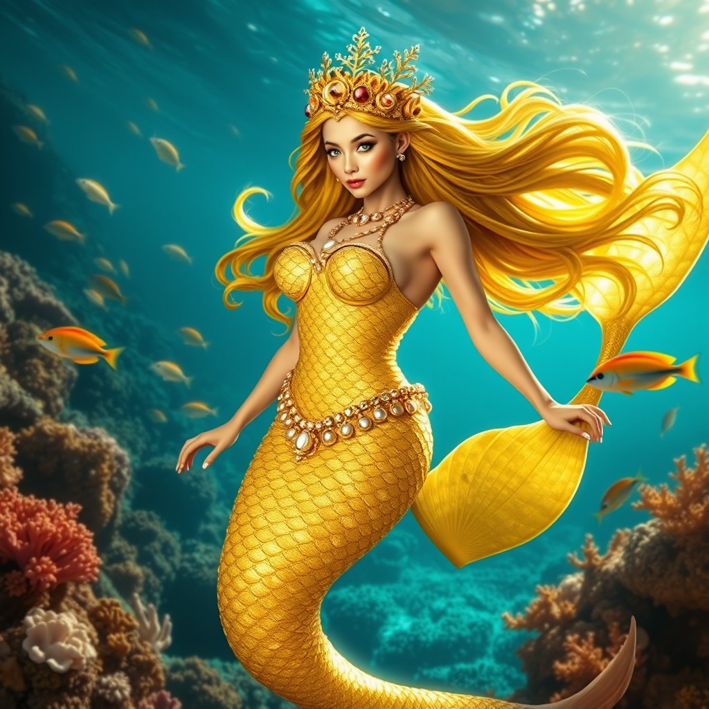 A stunning golden mermaid shimmering with sparkling scales, adorned with an extravagant array of jewelry made from intricate gold coral and beautiful shells