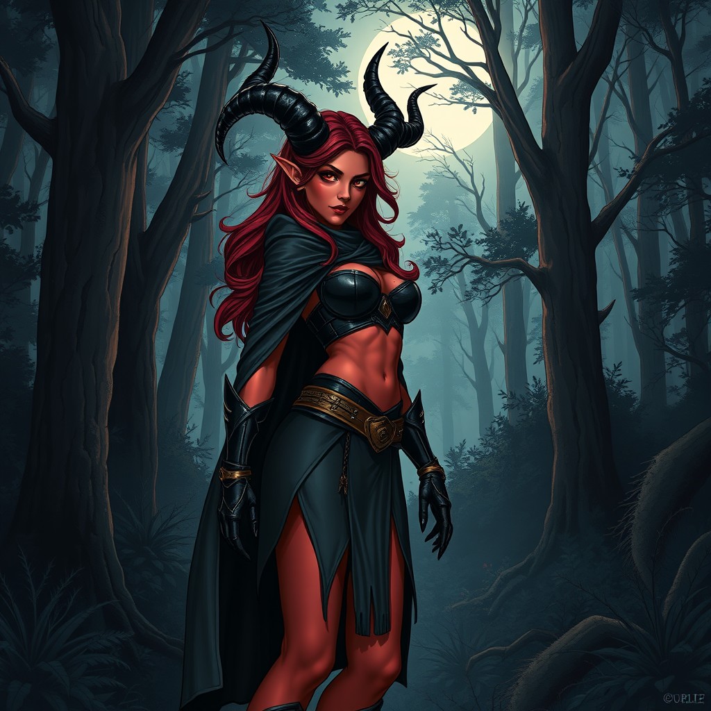 A full body, illustrative depiction of a female Tiefling standing gracefully in a dark forest