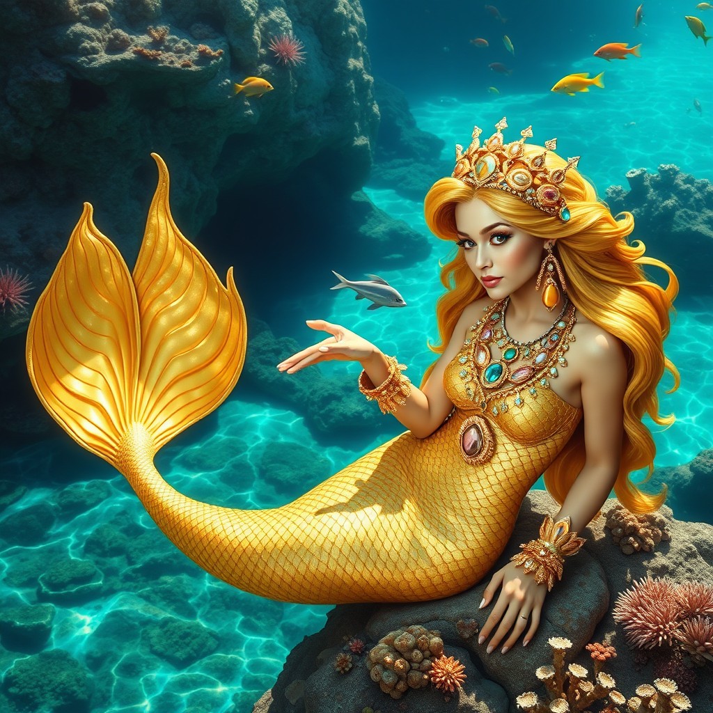 A stunning golden mermaid, adorned with an array of jewelry made from shimmering gold coral and beautiful seashells