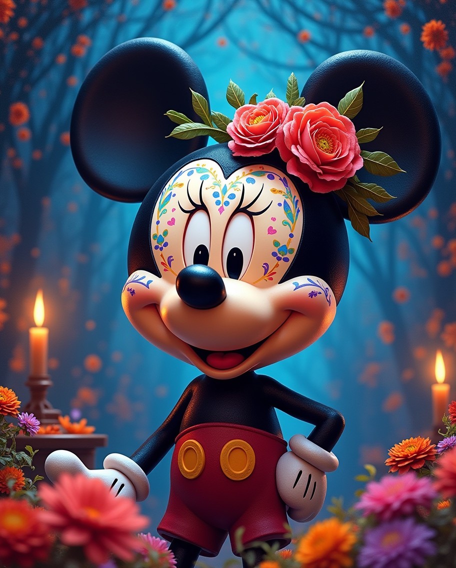 A vibrant painting featuring Mickey Mouse adorned with intricate Catrina makeup, embodying a blend of whimsical Disney animation style and Day of the Dead themes