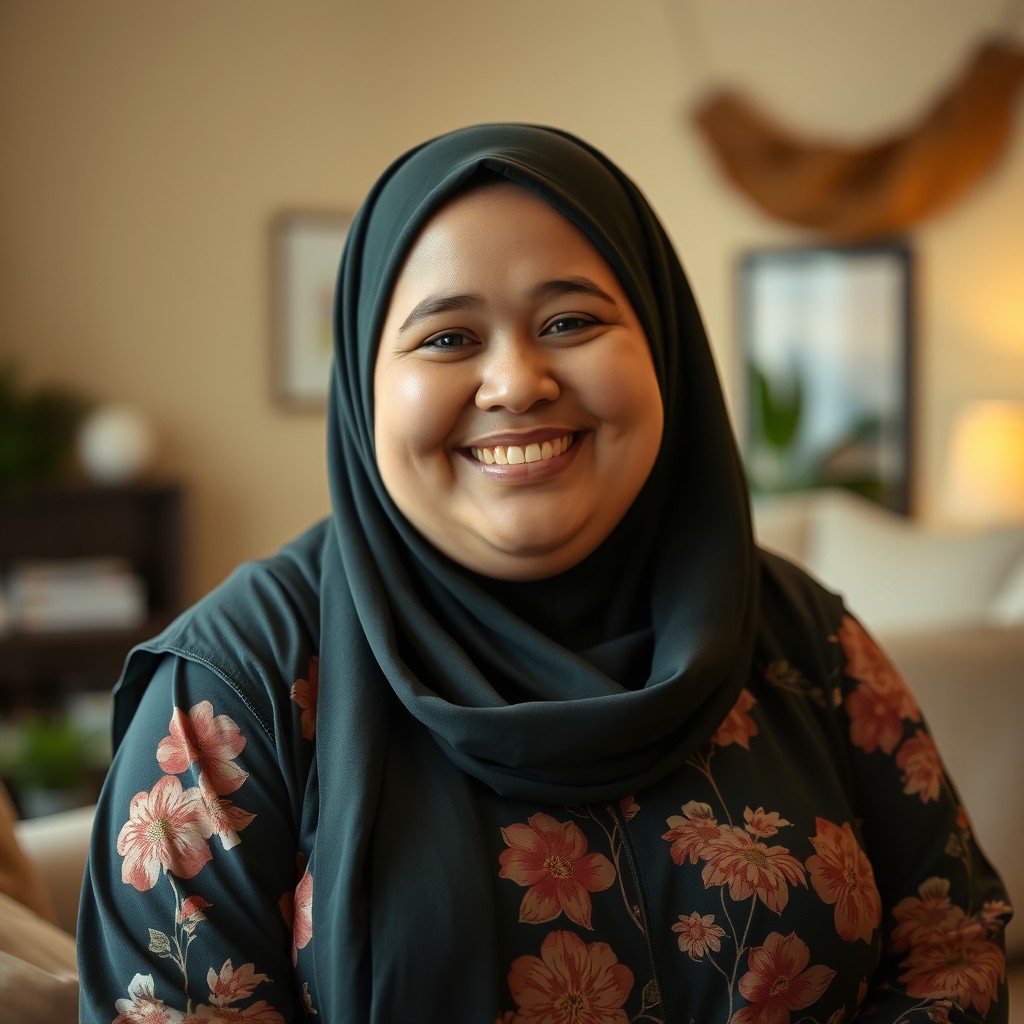 A cheerful, plus-sized woman with fair skin and a bright, happy smile