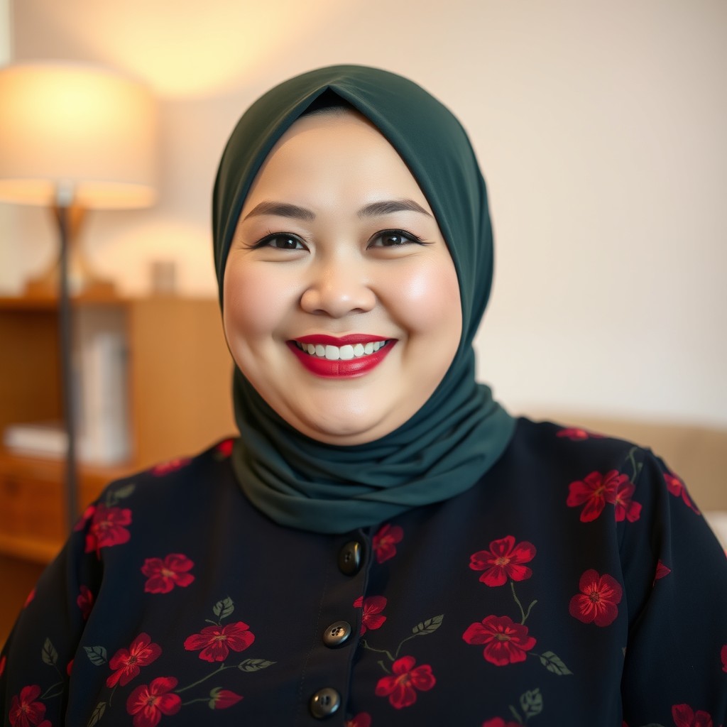 A confident, plus-sized Southeast Asian woman smiling warmly