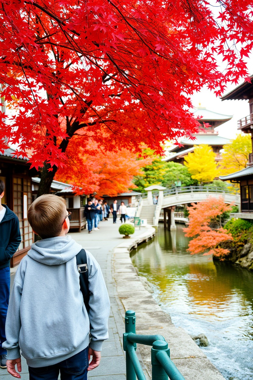 Two boys exploring the vibrant streets of Kyoto during autumn, surrounded by stunning fall foliage