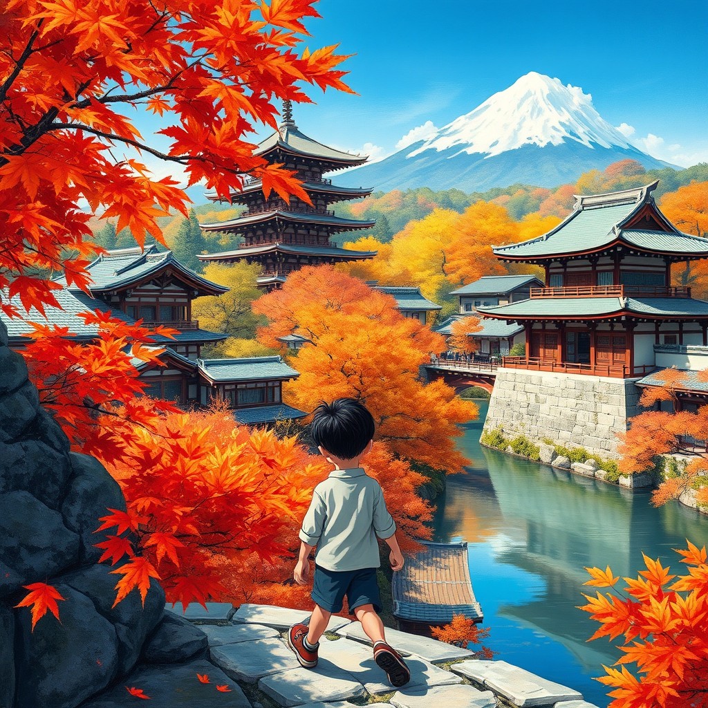 A beautifully painted scene of two boys exploring the breathtaking autumn scenery of Kyoto