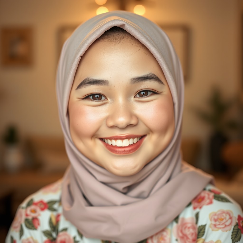 A cute, chubby, and beautiful Southeast Asian woman with fair skin and a sweet, happy smile