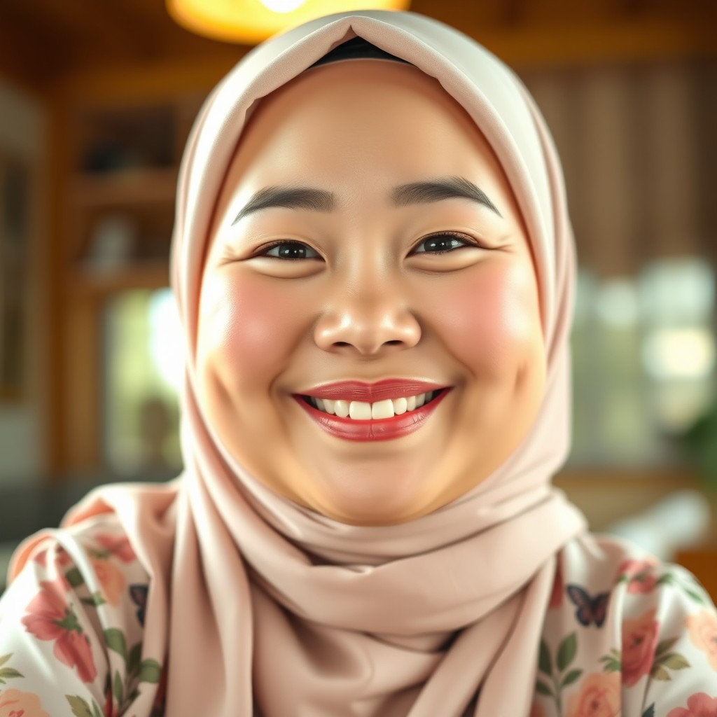 A cute, chubby, and beautiful Southeast Asian woman with fair skin and a sweet, happy smile