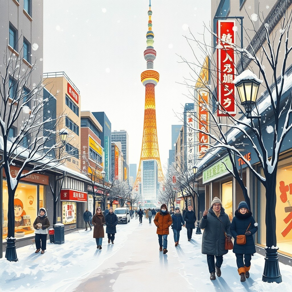 A picturesque winter scene in Tokyo, featuring the iconic Skytree towering over the bustling streets