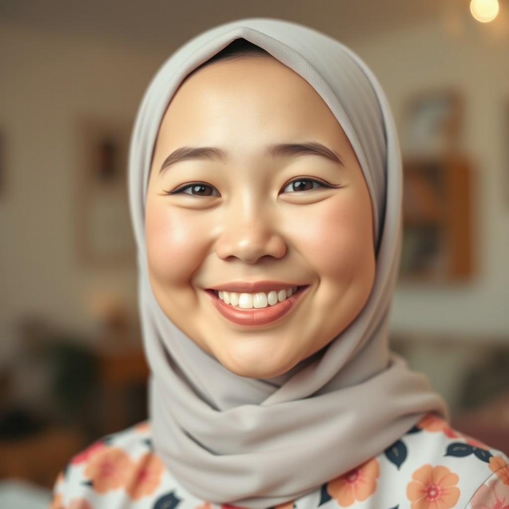 A cute, chubby, and beautiful Southeast Asian woman with fair skin and a sweet, happy smile