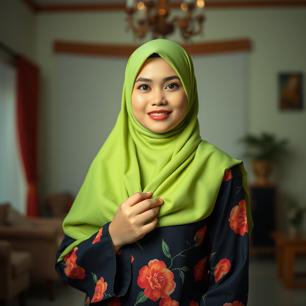 Seorang wanita gemuk berkulit putih dengan senyum bahagia yang cerah