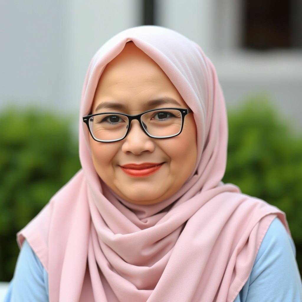Seorang wanita berusia 45 tahun berhijab dengan kulit putih yang cantik dan senyum bahagia yang cerah
