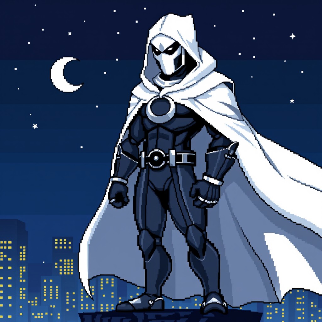 A detailed pixel art sprite of Moon Knight, standing in an idle position