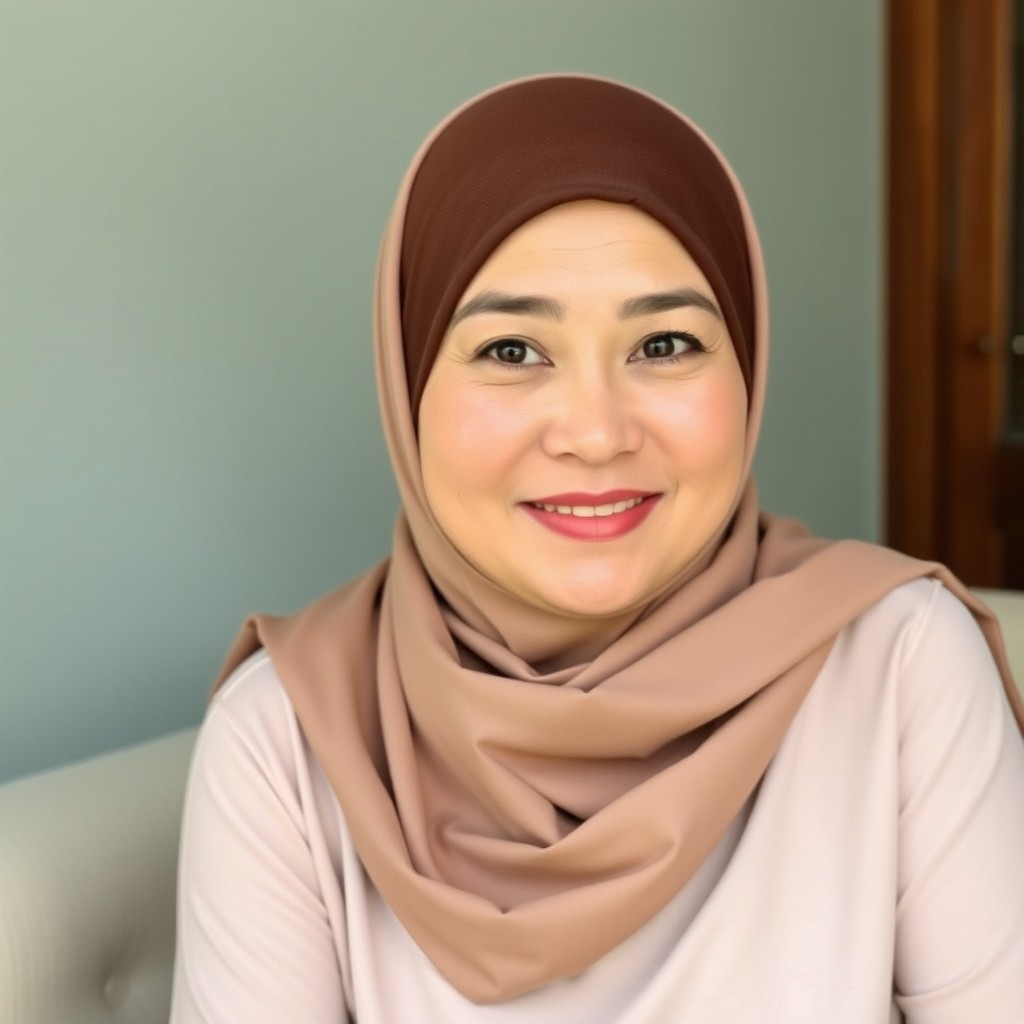 Seorang wanita berusia 45 tahun yang berhijab, memiliki kulit putih yang cantik dengan senyum bahagia yang cerah