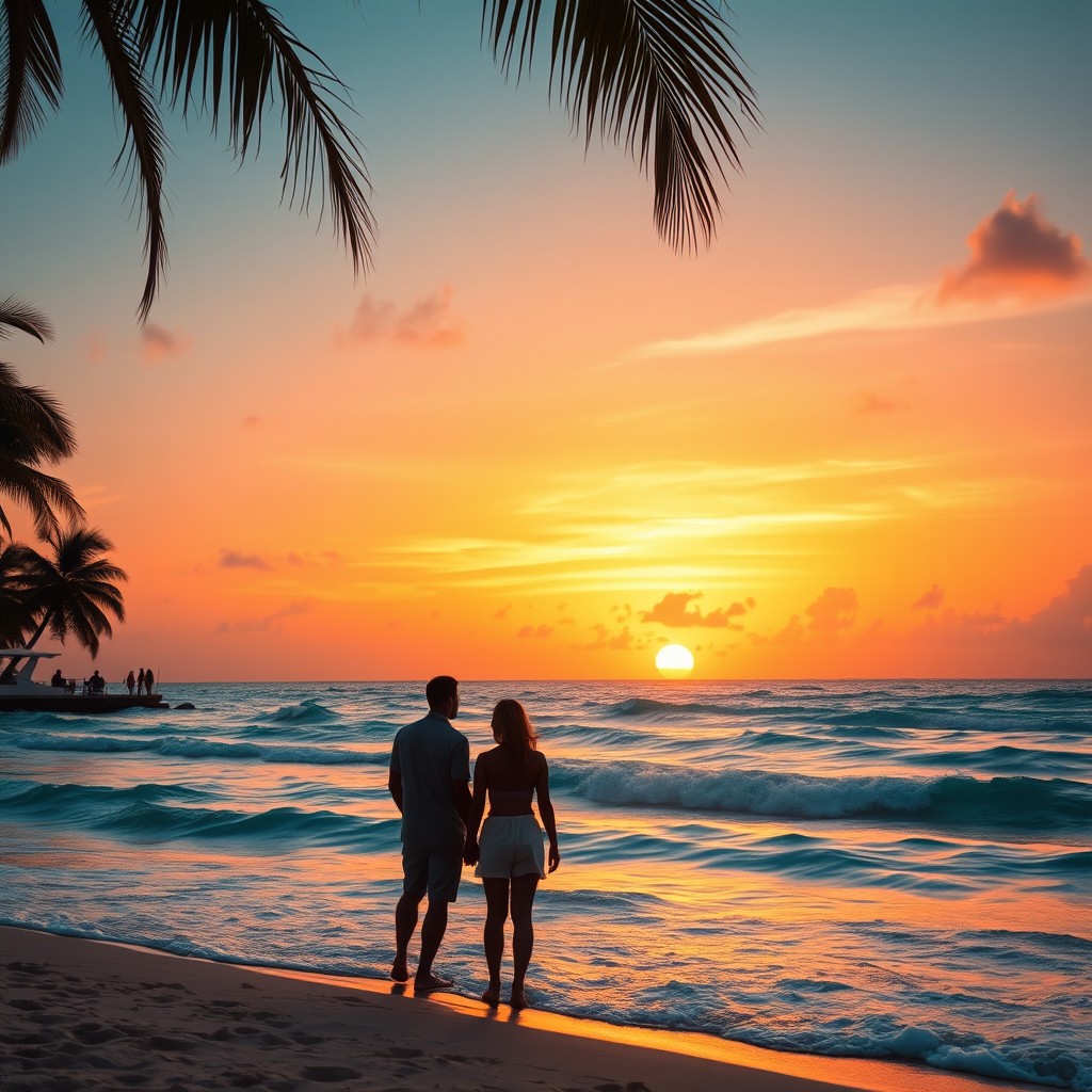 A glamorous sunset view of a tranquil beach with turquoise waves gently caressing the shore