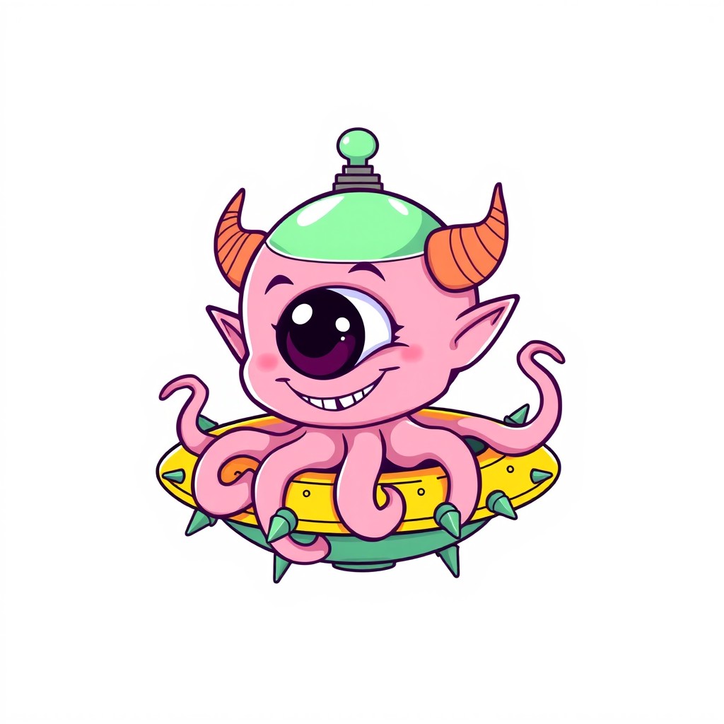 A cute, line art illustration of a cartoon-style light fluorescent pink cyclops alien with a large single eye, intricately detailed features, and a wide smile showing small sharp teeth