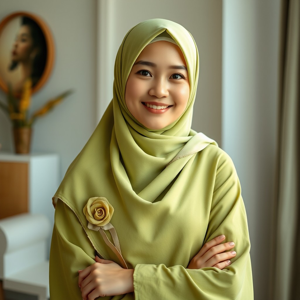 Seorang wanita Muslimah berhijab dengan wajah bulat, kulit putih bersih dan cerah, serta tubuh berisi