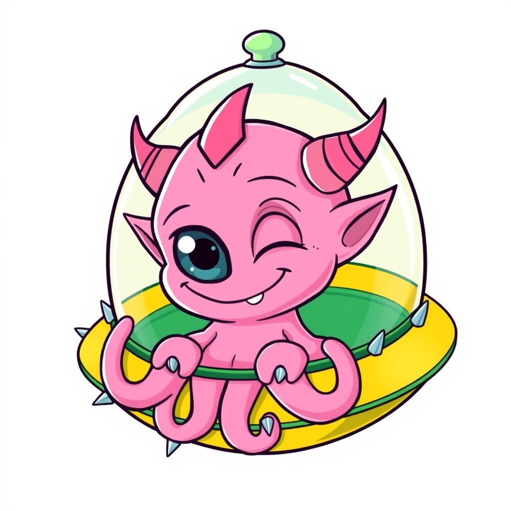 A cute, line art illustration of a cartoon-style light fluorescent pink cyclops alien with a large single eye, featuring intricately detailed features and a wide smile showing small sharp teeth