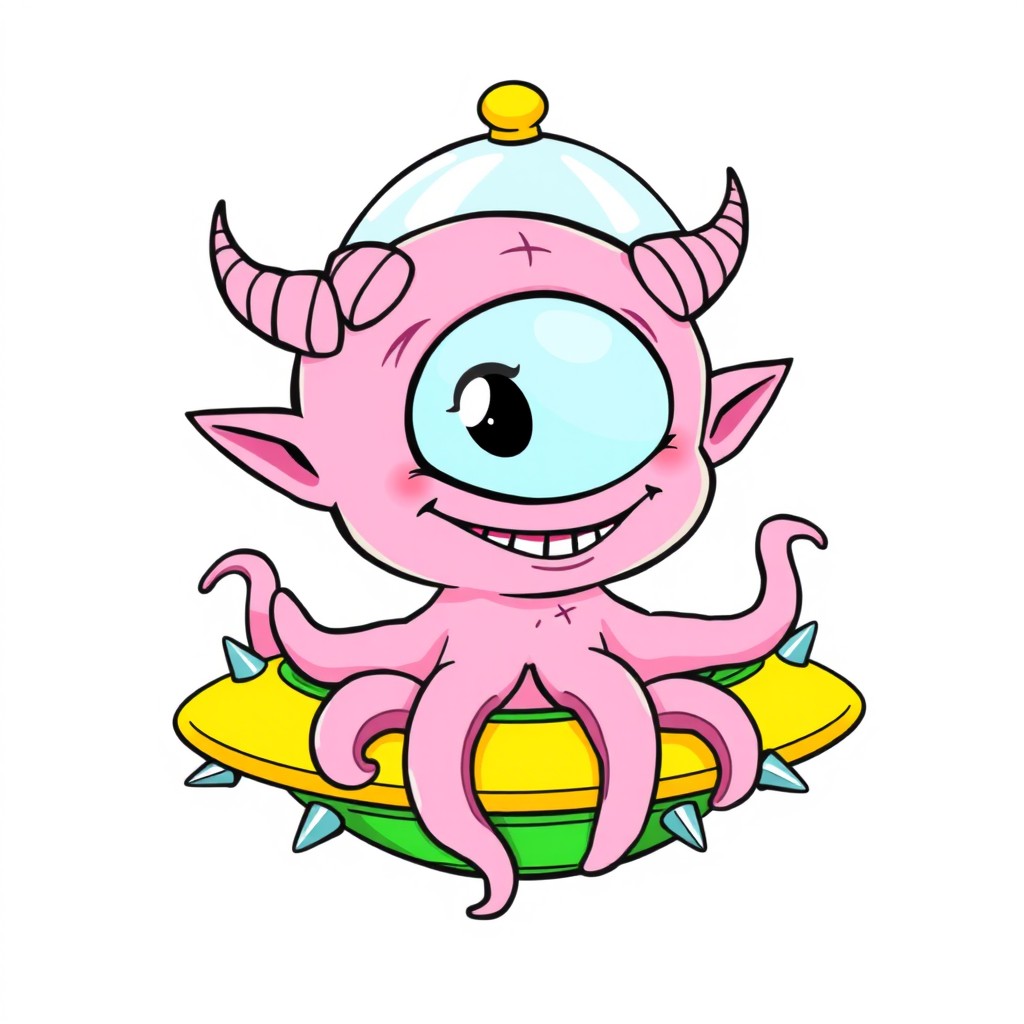 A cute line art illustration of a cartoon-style light fluorescent pink cyclops alien with a large single eye, intricate detailed features, a wide smile showing small sharp teeth, and pointed ears