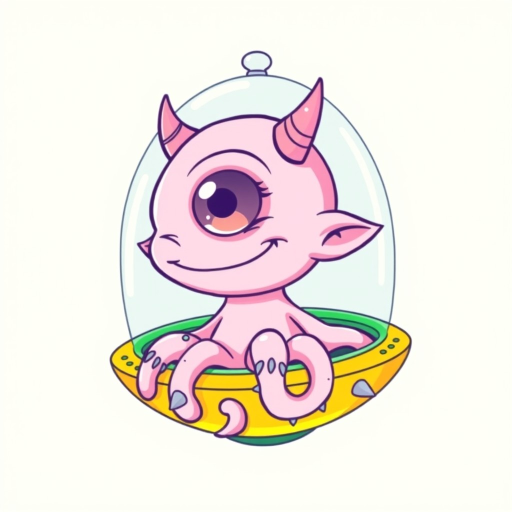 A cute, line art illustration of a cartoon-style light fluorescent pink cyclops alien with a large single eye and intricately detailed features, showcasing a wide smile with small sharp teeth and pointed ears