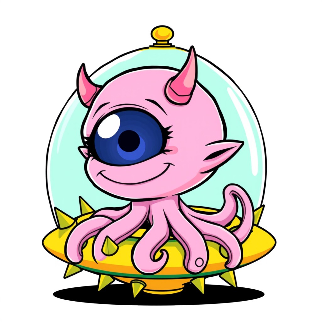 A cute line art illustration of a cartoon-style light fluorescent pink cyclops alien with a large single eye, featuring intricately detailed features, a wide smile showing small sharp teeth, and pointed ears