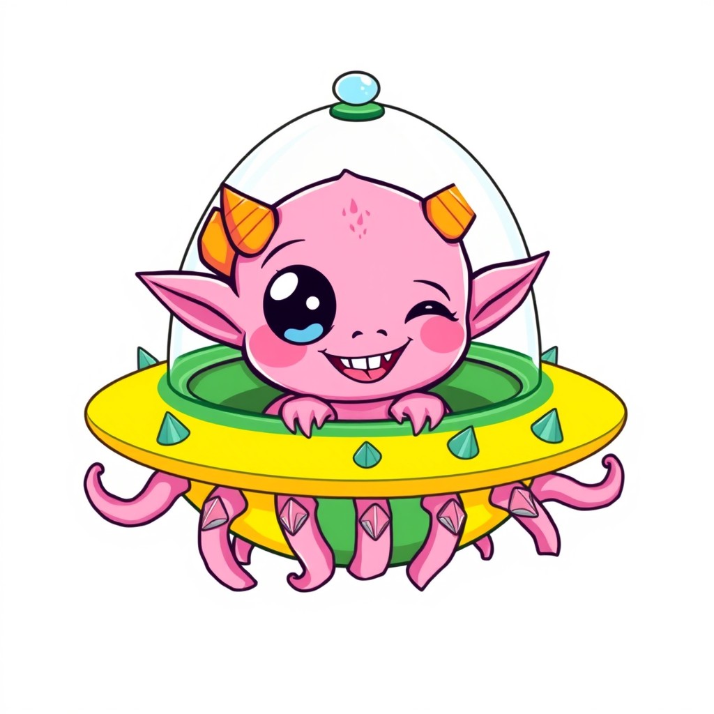 A cute line art illustration of a cartoon-style light fluorescent pink cyclops alien with a large single eye, intricately detailed features, a wide smile showing small sharp teeth, and pointed ears