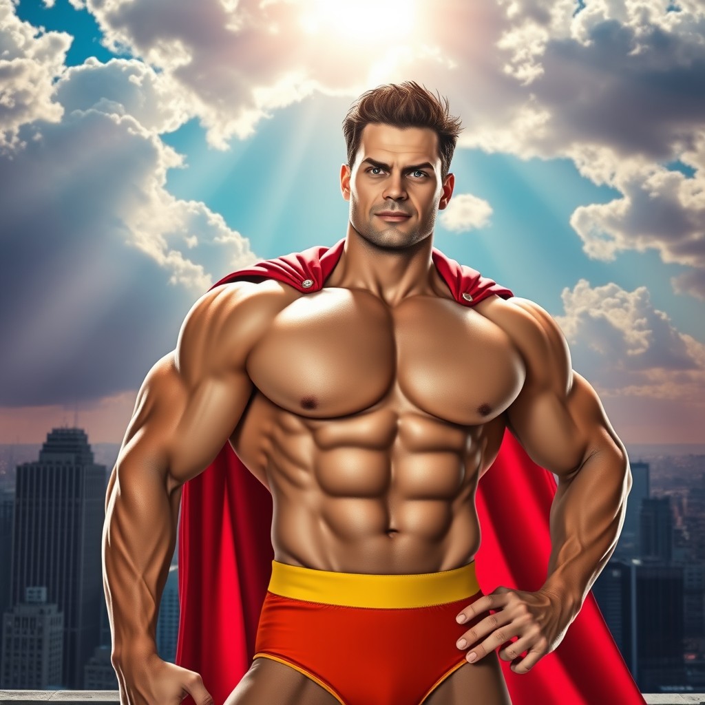 A muscular superhero inspired by classic comic book styles, showcasing a bold and confident pose while wearing a jockstrap