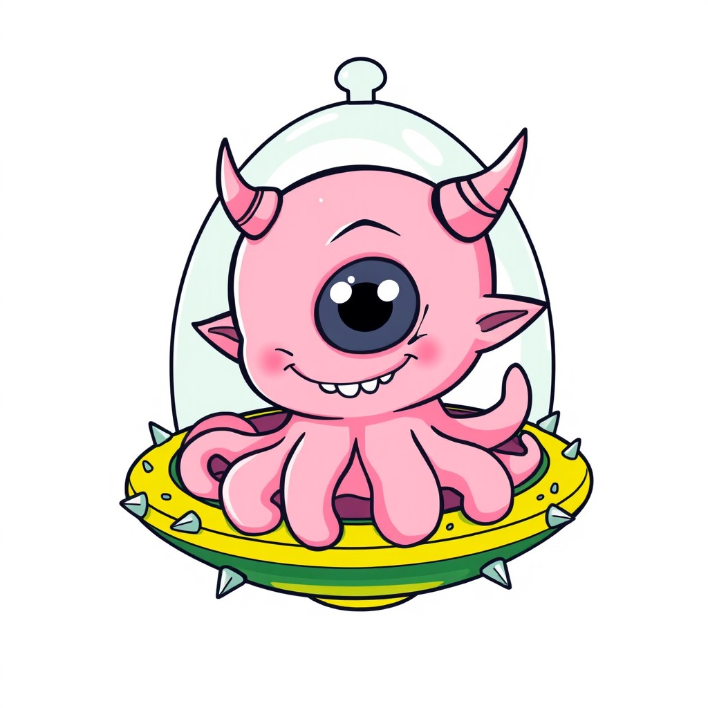 A cute, line art illustration of a cartoon-style light fluorescent pink cyclops alien with a large single eye, intricately detailed features, and a wide smile showing small sharp teeth