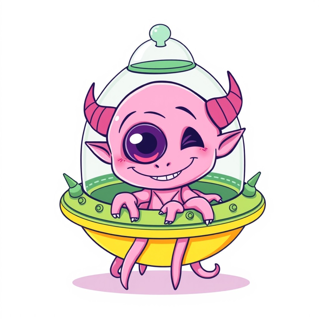 A cute, line art illustration of a cartoon-style light fluorescent pink cyclops alien featuring a large single eye, intricate and detailed facial features, and a wide smile showing small sharp teeth