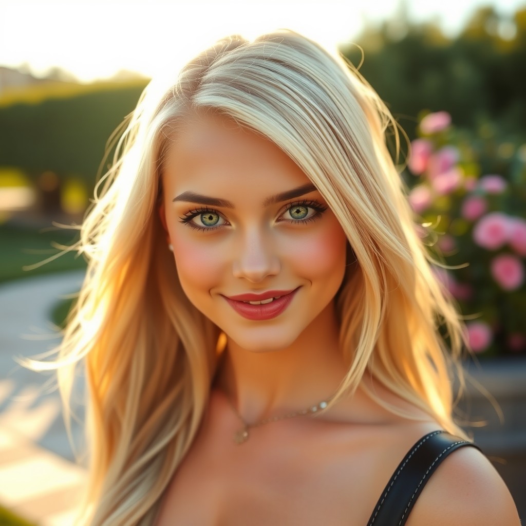 A captivating blonde girl with light green eyes, exuding charisma and charm