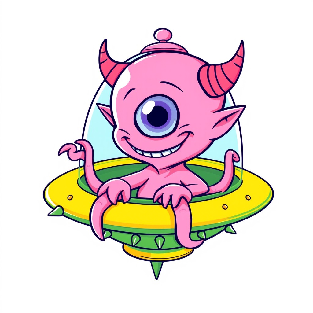 A cute, line art illustration of a cartoon-style light fluorescent pink cyclops alien with a large single eye, intricate detailed features, wide smile showing small sharp teeth, and pointed ears