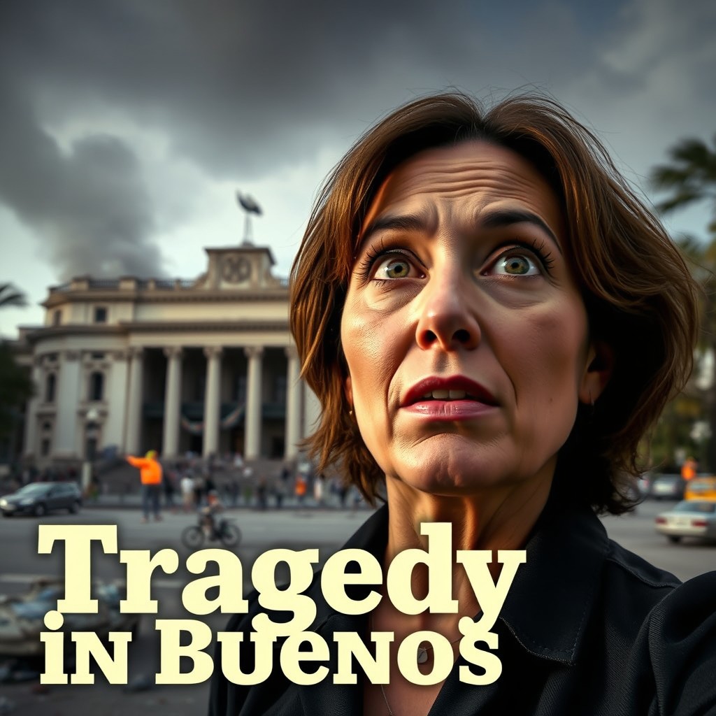 A striking YouTube thumbnail featuring Lea Kovensky in the foreground, with an expressive and engaging facial expression, set against the dramatic backdrop of the ruined Israeli embassy in Buenos Aires
