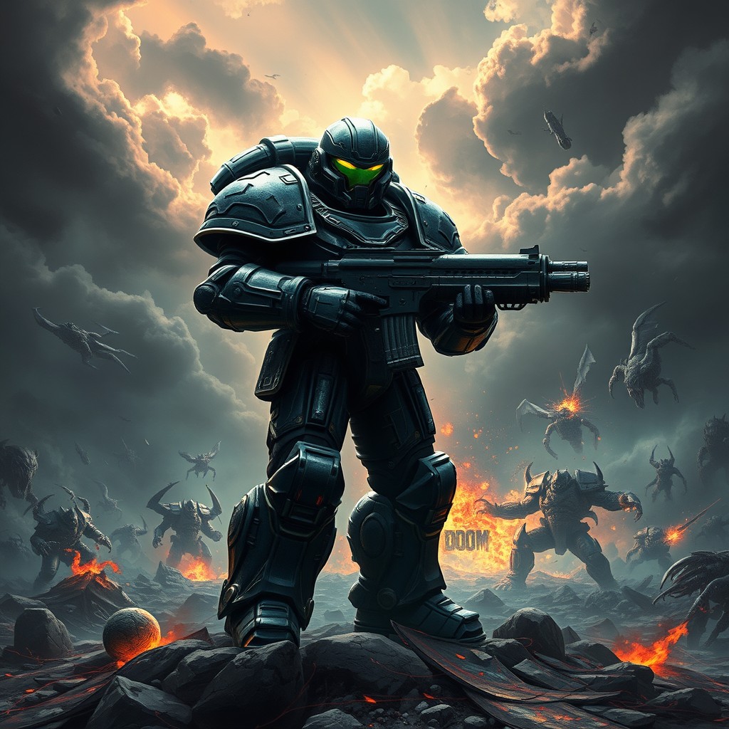 An epic space marine standing tall in a futuristic, dystopian landscape filled with ominous dark clouds and the remnants of a demonic battlefield