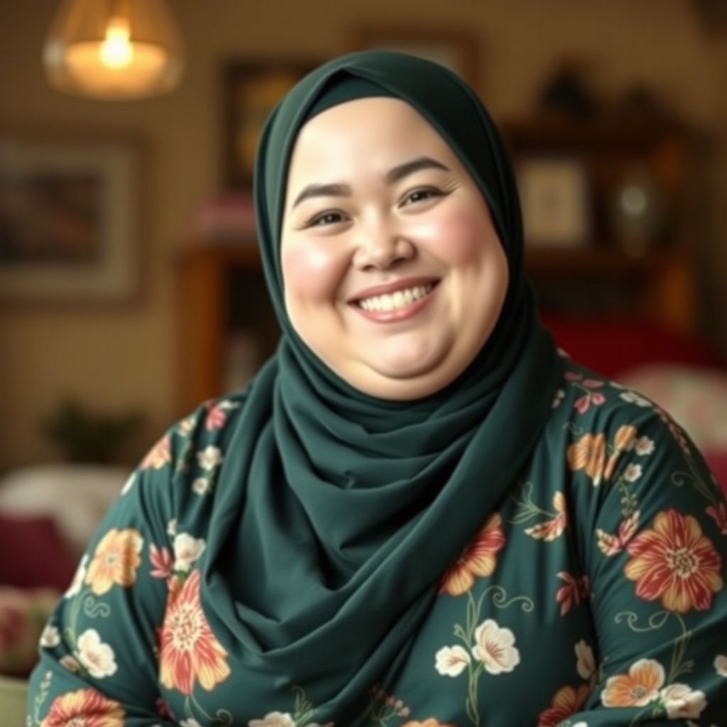 A cheerful plump woman with white skin and a bright happy smile