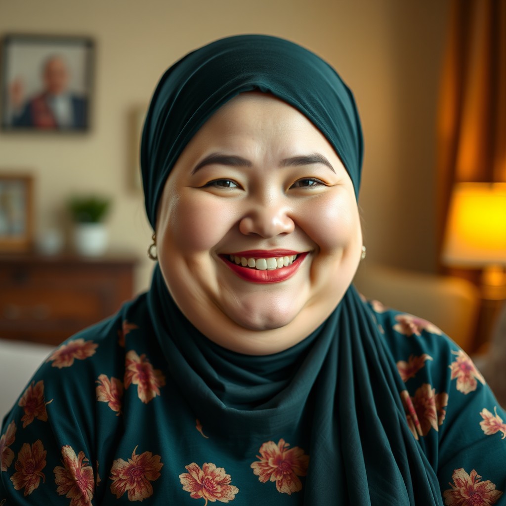 A cheerful plump woman with white skin and a bright happy smile