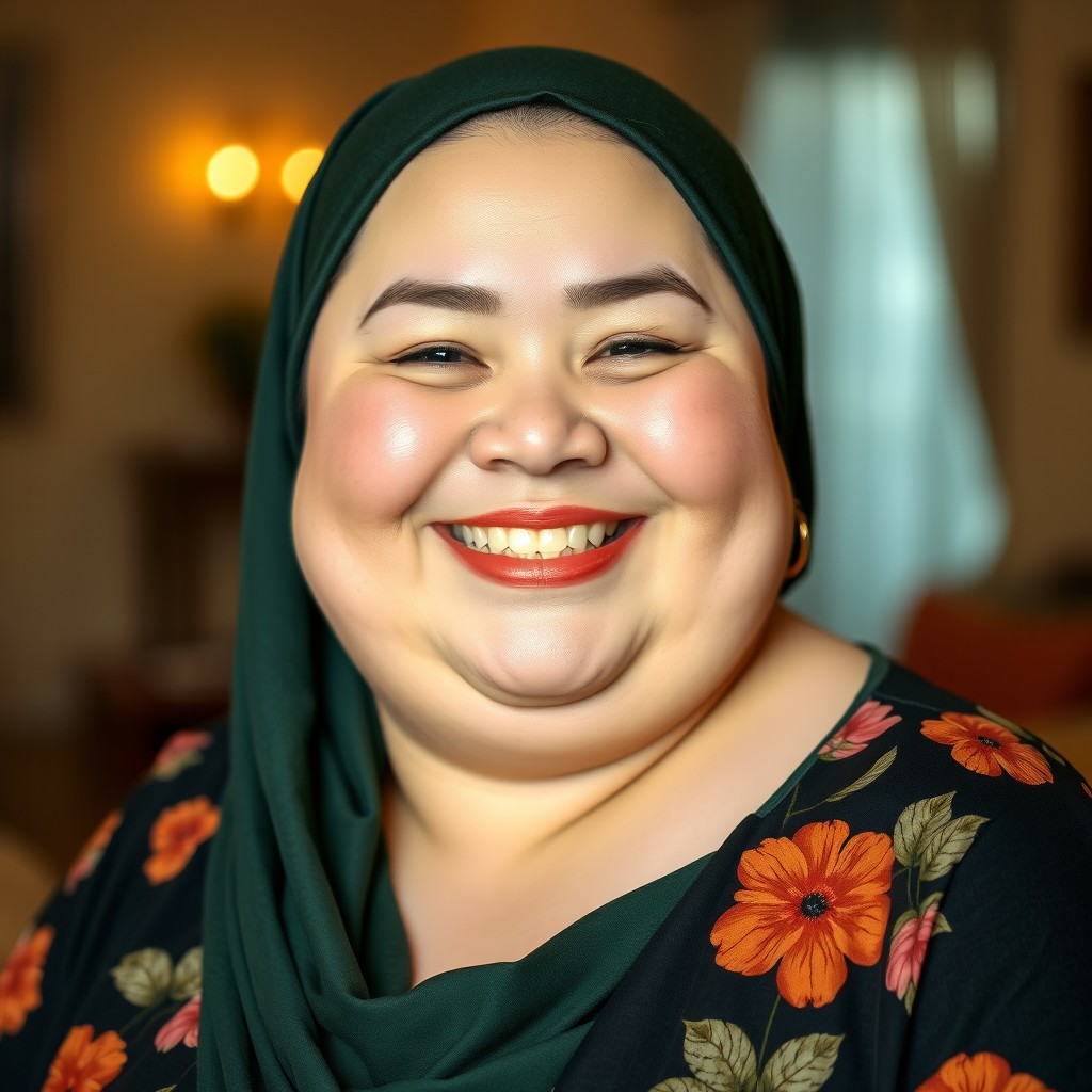 A cheerful plump woman with white skin and a bright happy smile
