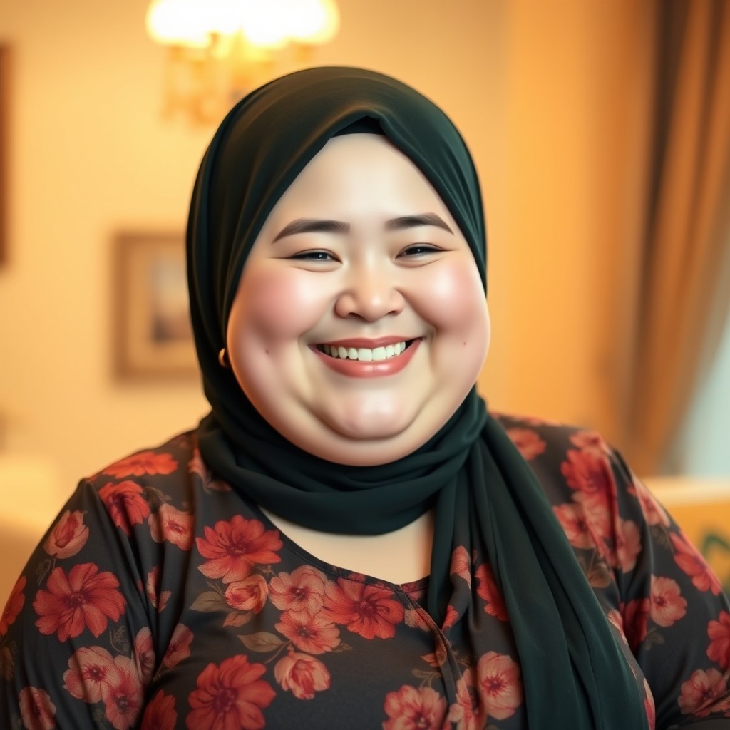 A cheerful plump woman with white skin and a bright happy smile