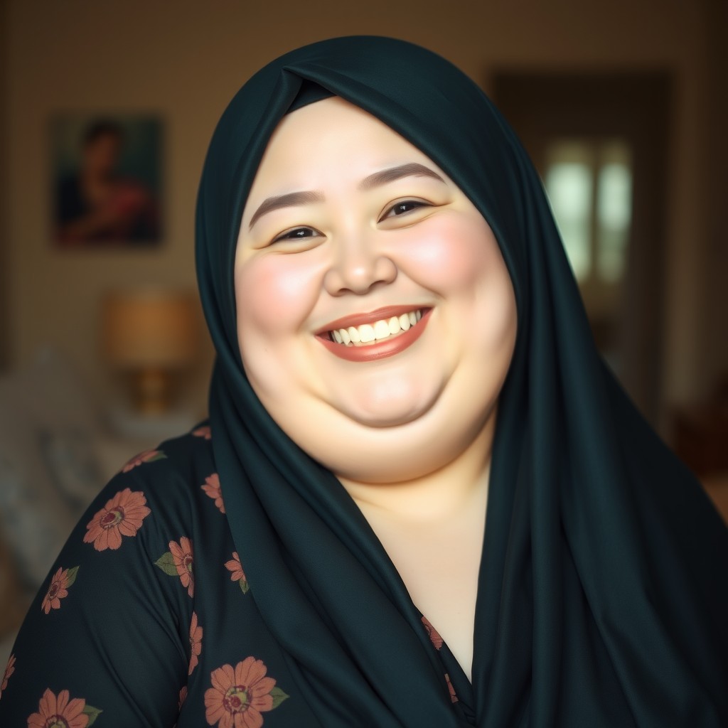 A cheerful plump woman with white skin and a bright happy smile