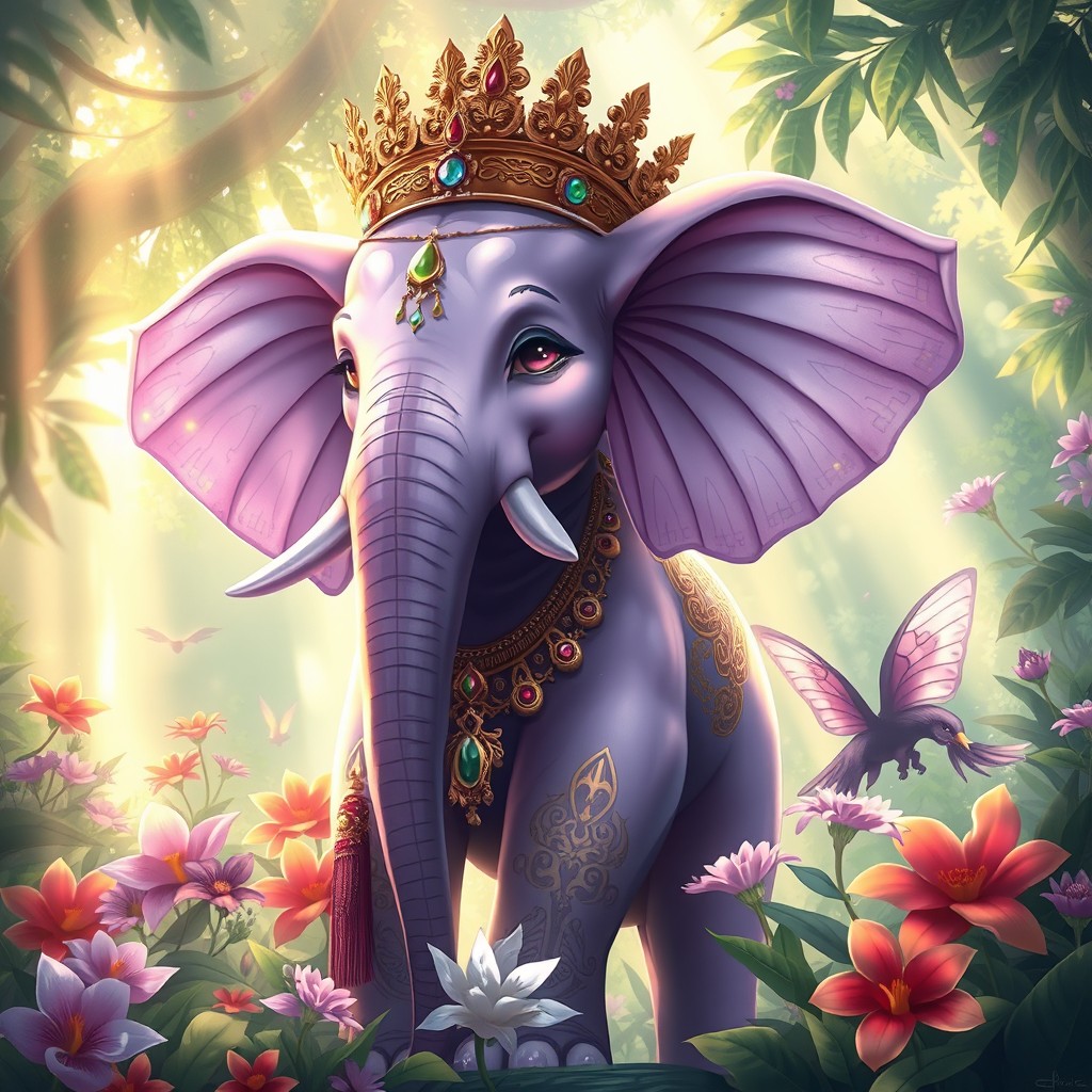 A majestic anime elephant queen, adorned with intricate jewelry and a regal crown, standing proudly in a lush, enchanted jungle