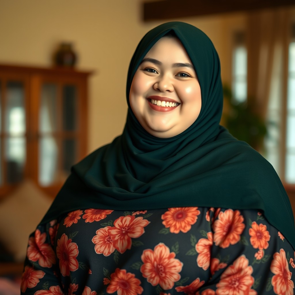 A cheerful plump woman with white skin and a bright happy smile