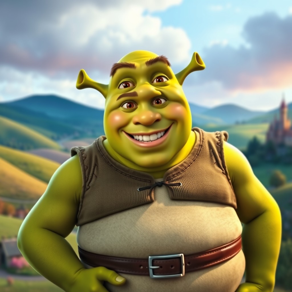 A whimsical scene featuring the iconic character Shrek, with his distinctive green skin and ogre-like features