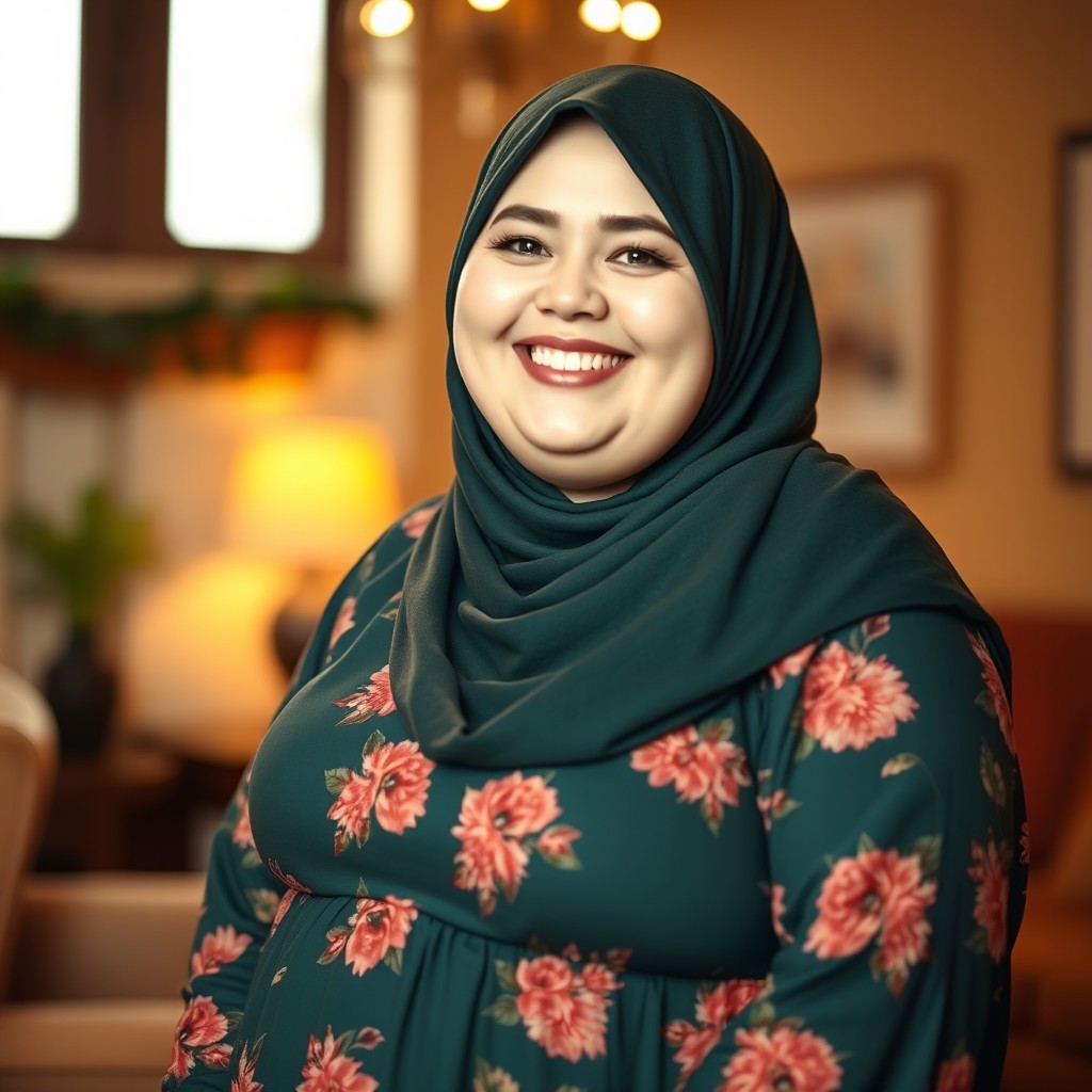 A cheerful plump woman with white skin and a bright happy smile