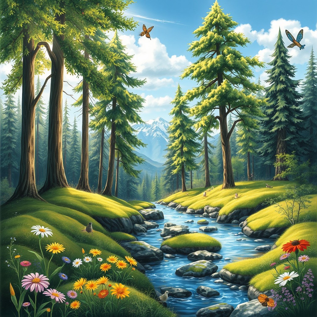 A beautifully rendered realistic drawing of a serene forest scene featuring tall, lush green trees with sunlight streaming through the leaves, soft moss covering the forest floor, and a clear, peaceful stream flowing gently through the scene