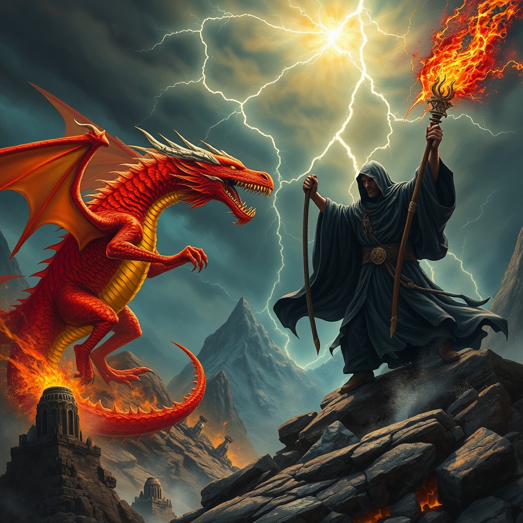 A fierce red dragon and a powerful black wizard locked in a fierce confrontation on a rocky mountain landscape