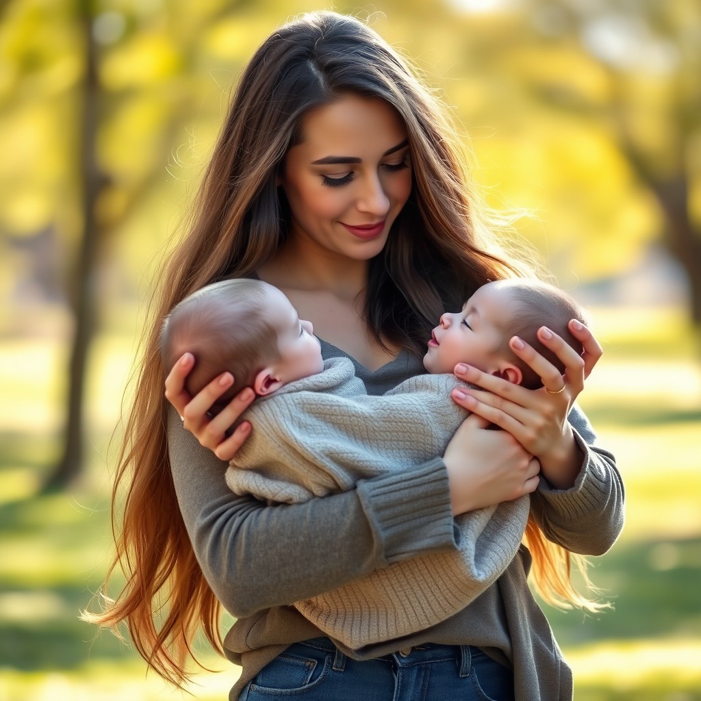 A young woman with long, flowing hair, dressed in a casual, stylish outfit, gently cradling a baby in her arms