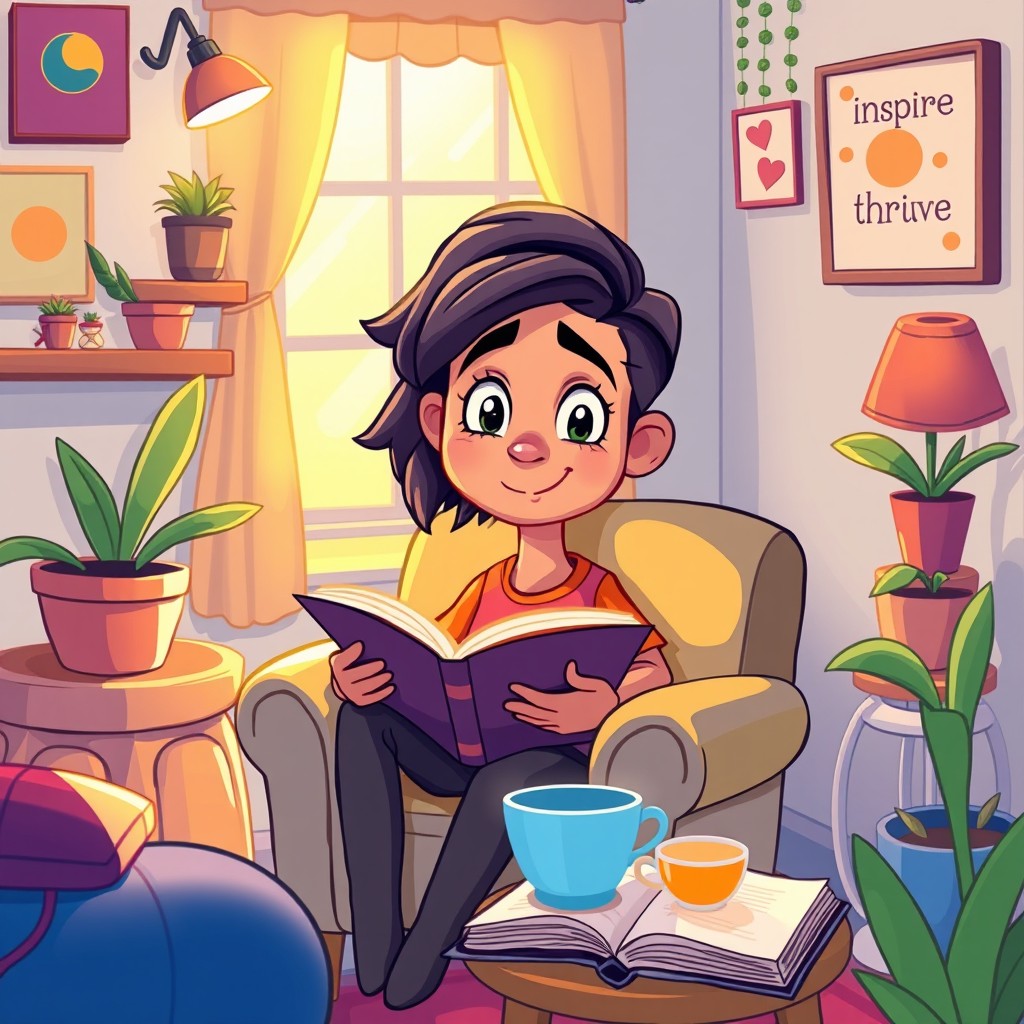 A vibrant and colorful cartoon scene depicting a young person reading the Bible in a cozy, inviting corner of a room