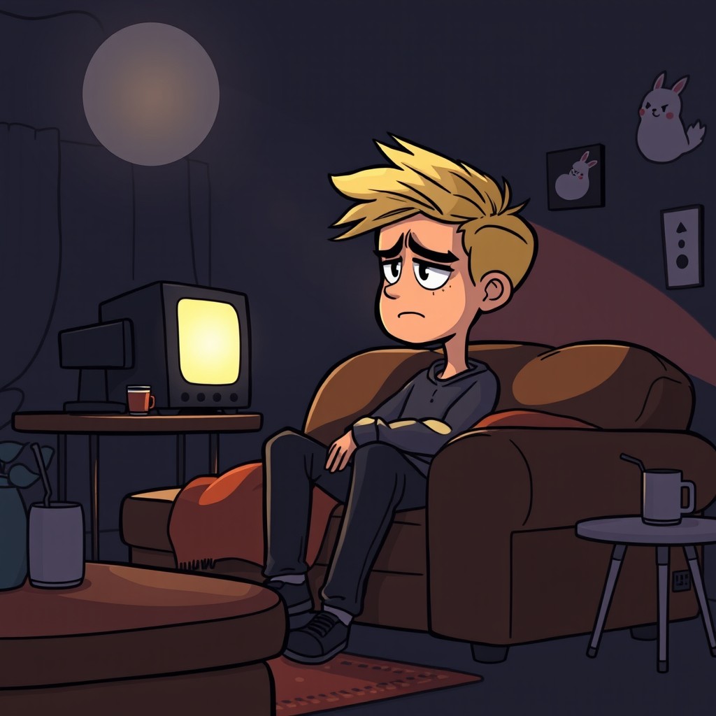 A cartoon style illustration of a dark blonde haired man sitting on a plush sofa in a dimly lit lounge