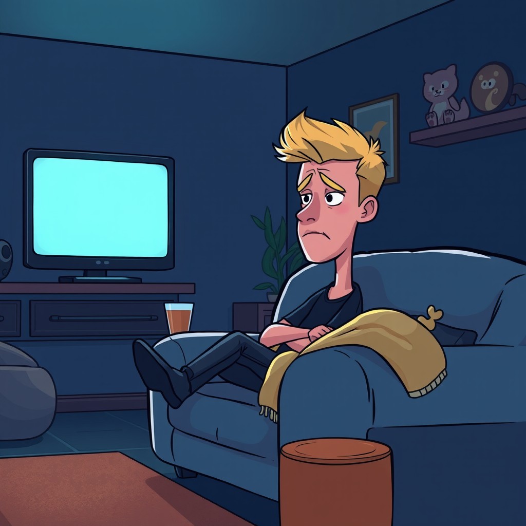 A cartoon style illustration of a dark blonde short haired man sitting on a plush sofa in a dimly lit lounge